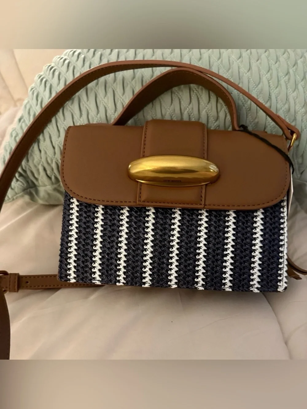 Steve Madden Tan and Black Striped Woven Top-Handle Satchel